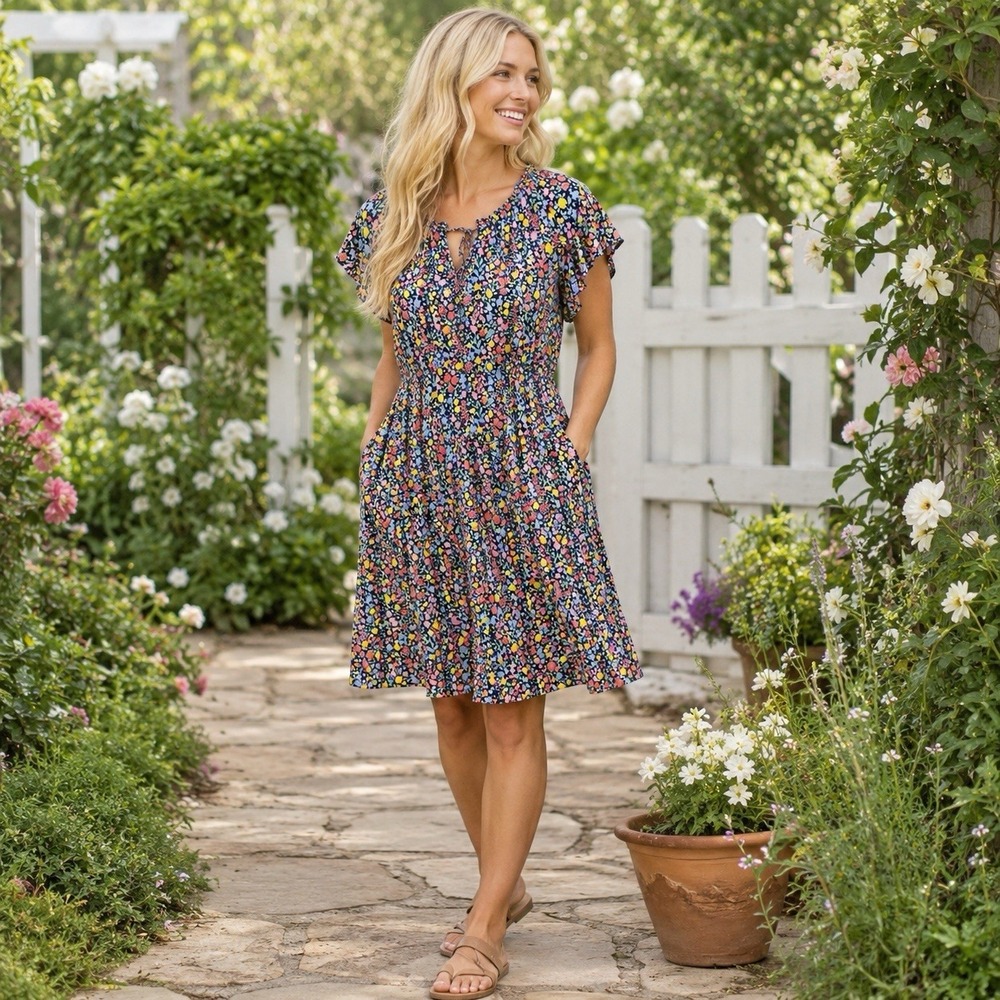 Talbots Floral Multicolor Tie Front Midi Dress Babydoll Summer Coastal 10